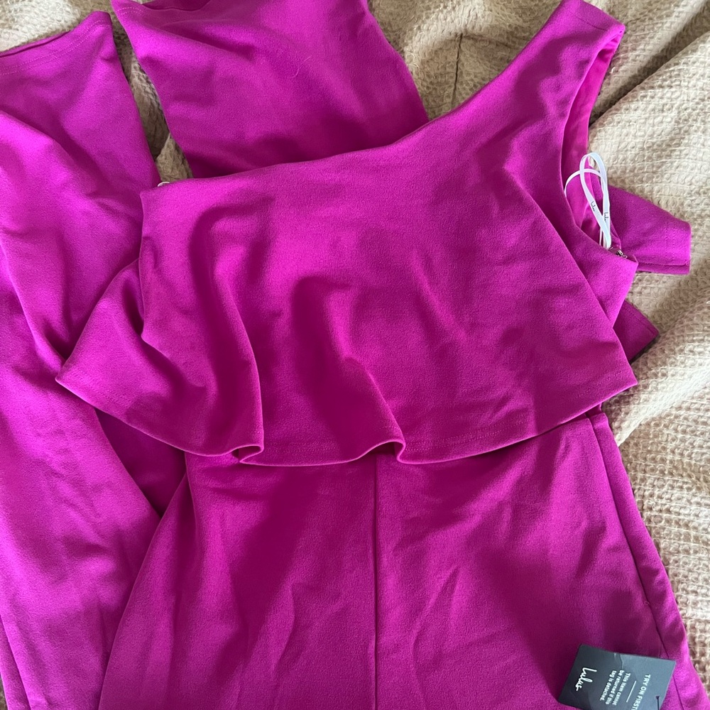 New magenta tiered one shoulder jumpsuit from Lulus!